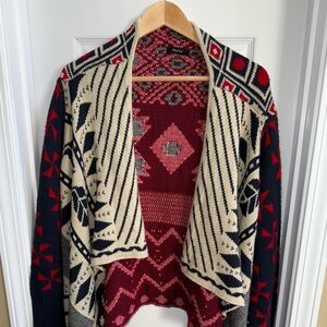 Verty Draped Open Cardigan Sweater Womens L Aztec Waterfall Red Navy Cream Cozy